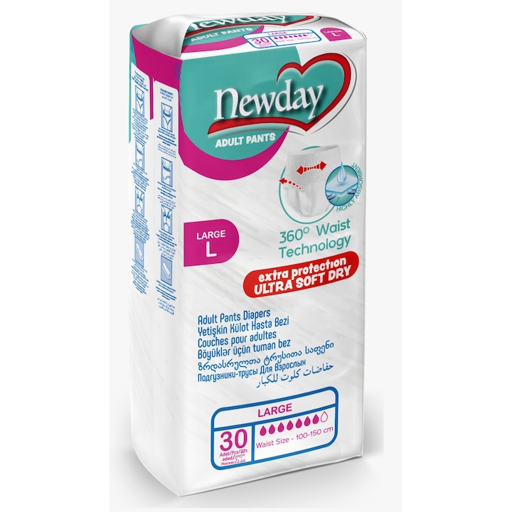 Scutece chilot pentru adulti Newday, marimea L, 30 bucati, ultra-absorbante, alb