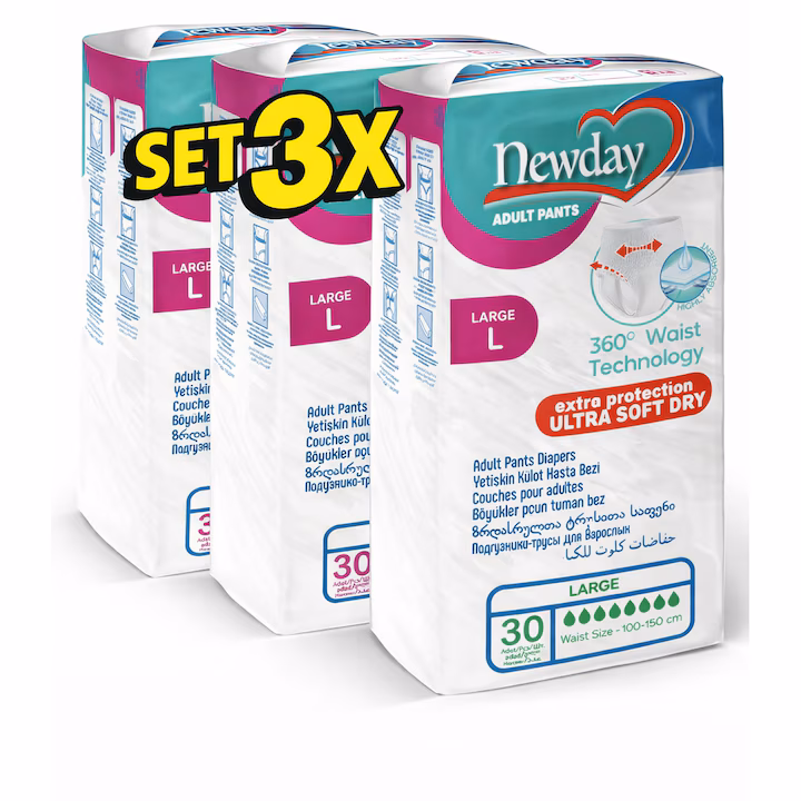 Scutece-chilot adulti Newday, L, set 3 pachete (90 buc), pull-up, absorbtie ridicata, zi si noapte